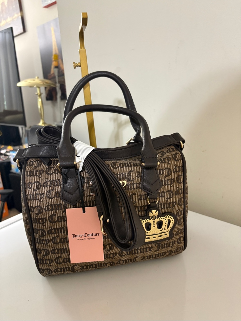 Juicy Couture Brown Logo Satchel with Gold Crown Charm